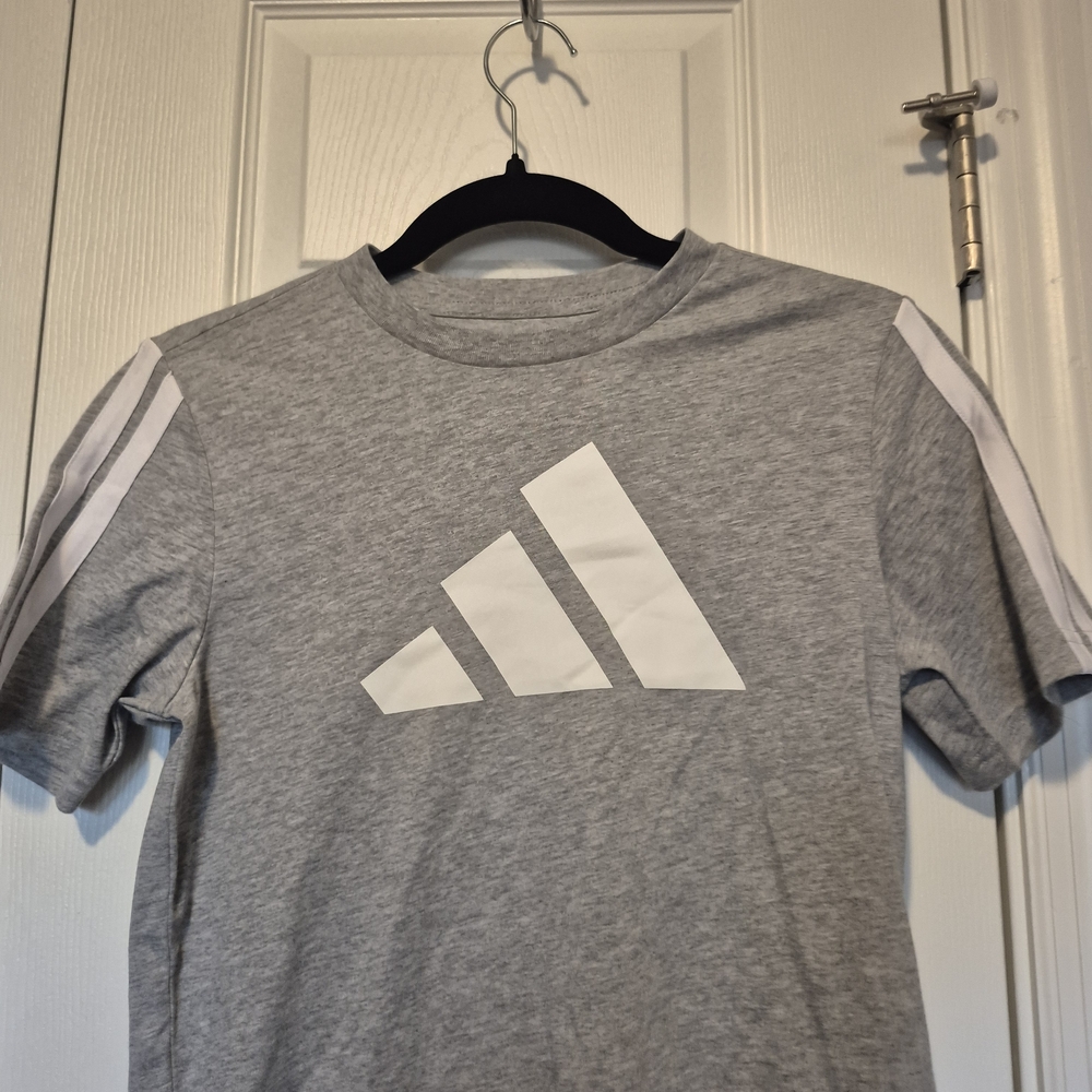 adidas Gray Tee with White Logo and Stripes